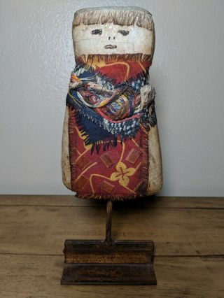 Antique Paper Mache Folk Art Doll Fabric Clothes On Stand Argentine La Pampa 11 "