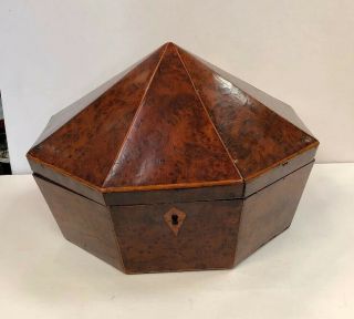 Antique 19th Century English Burl Wood Tea Caddy Unusual Octagonal Shape