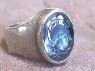 Antique Art Deco Mens Sterling Silver Intaglio Hematite Ring Warrior Soldier 925