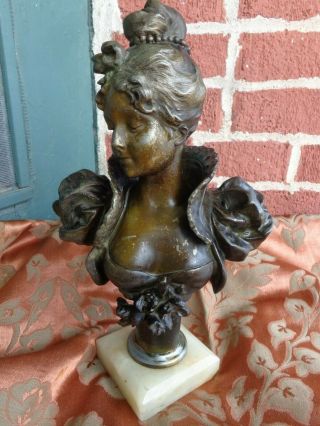 Antique Victorian French Lady Roses Bronze Patina Spelter Bust Statue Onyx Base