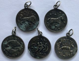 5 Vintage Zodiac Signs Sterling Silver Charm Pendant Bracelet Necklace Antique