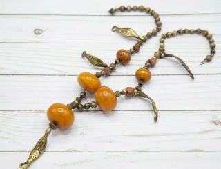 Vintage Orange Amber Color Beaded Necklace Ethnic Tribal Antiqued Brass