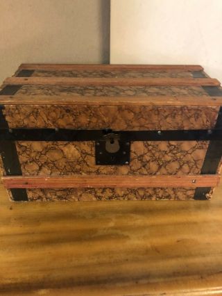 Vintage Doll Trunk With Faux Paper Cover,  Metal Straps And Tray