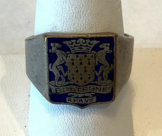 Antique C.  1920s Gents 900 Silver & Blue Enamel French Shield Ring - Sz.  10