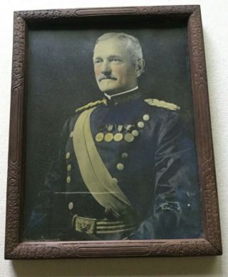 Print U.  S.  Wwl General John J.  Pershing In Antique Carved Wooden Picture Frame