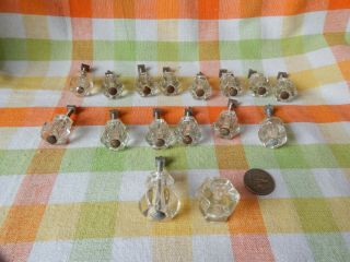 Vintage Clear Glass Multi Faceted Drawer Pulls - 14 Small,  2 Larger Ones