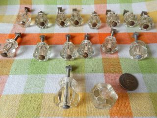 VINTAGE CLEAR GLASS MULTI FACETED DRAWER PULLS - 14 SMALL,  2 LARGER ONES 2