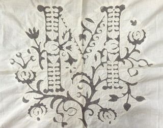 Antique Pillow Layover Lg Initial M Net Inset Flower Appliques/embroidery 30x26 "