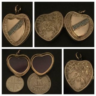 Lovely Antique Victorian 9ct Rose Gold Heart Locket With Enamelled Shield Front