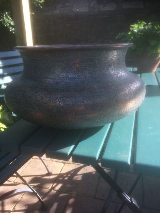 Vintage Antique Silvered Copper Engraved Indian Pot 14” Diameter Height 8 Inch