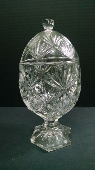 Vintage Egg - Shaped Clear Pressed Glass Footed Candy Dish With Lid,  9 " Tall