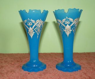 Antique Bohemian Blue Opaline Glass Vases With Enamelling.  Signed R.  R/?