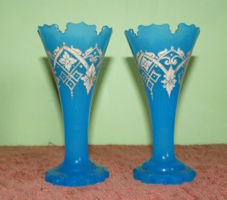 Antique Bohemian Blue Opaline Glass Vases with Enamelling.  Signed R.  R/? 2