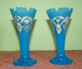 Antique Bohemian Blue Opaline Glass Vases with Enamelling.  Signed R.  R/? 3