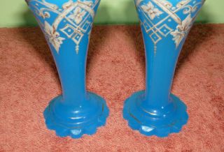 Antique Bohemian Blue Opaline Glass Vases with Enamelling.  Signed R.  R/? 7