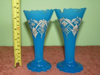 Antique Bohemian Blue Opaline Glass Vases with Enamelling.  Signed R.  R/? 8