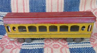 Great Antique Tin Toy Railroad Train Car In Red & Yellow Paint