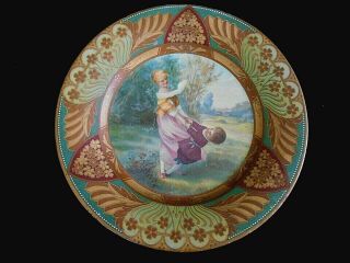 Old Tin Litho Vienna Art Plate Girl Swinging Little Boy In Field - Unidentified