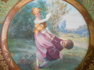 Old Tin LITHO VIENNA ART PLATE GIRL SWINGING LITTLE BOY in FIELD - Unidentified 2