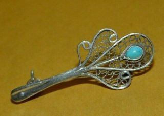 Vtg Antique Art Nouveau Sterling Silver & Turquoise Filigree Design Pin Brooch