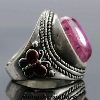 Chinese Exquisite Tibet Silver Inlaid Crystal Handwork National Fashion Ring