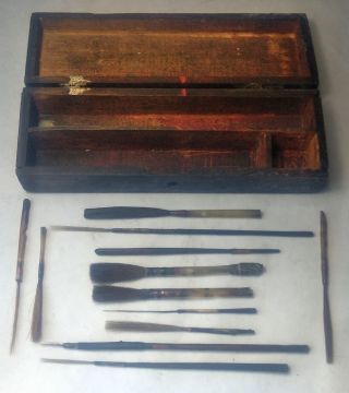 Vintage Antique Wooden Pencil Box With Old Artist 