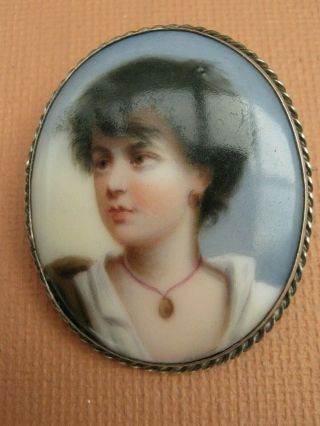 Antique Victorian Silver Mounted Hand Painted Portrait Brooch