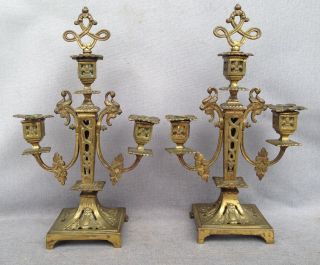 Big antique gothic style candlesticks bronze 19th century France chimera 2