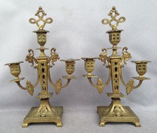 Big antique gothic style candlesticks bronze 19th century France chimera 3