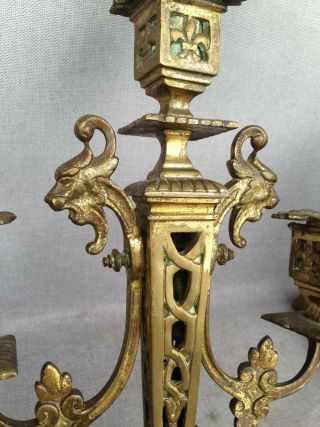 Big antique gothic style candlesticks bronze 19th century France chimera 7