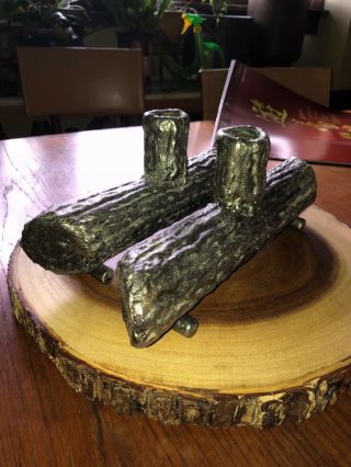 Set Of Rare Custom Hand Welded Logs Candlestick Candle Holder Iron Metal