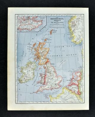 1896 Map British Isles England Scotland Ireland Netherlands Holland Belgium