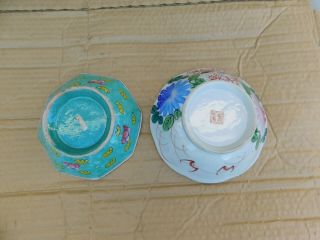 2 Antique Chinese Hand Painted Floral and Bats Porcelain Bowls,  Marked 2