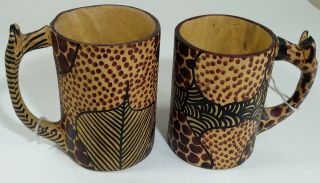 Hand Carved Hand Painted Zebra And Giraffe Wood Mugs From Kenya●new With Tags●