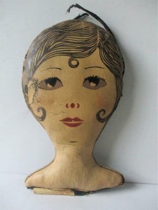 Vintage Antique Dura Products Leather Flapper Lady Head 4 Clothespin Laundry Bag