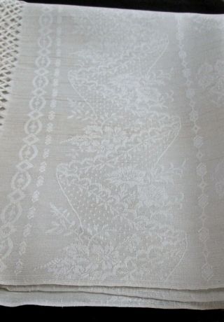 Antique Linen Towel Damask Weave 43x25,  " Lovely Woven Border,  4 " Knotted Fringe