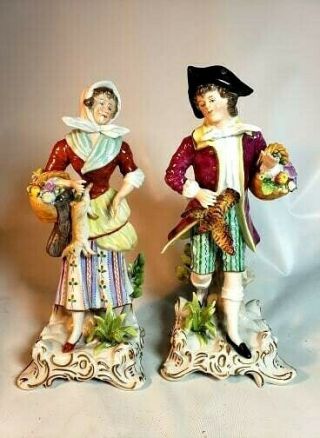 Pair Antique German Sitzendorf Porcelain Figurines With Animals