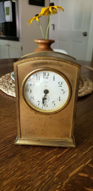 Antique Ansonia Gilt 8 Day Desk Mantle Clock Brass Vntg
