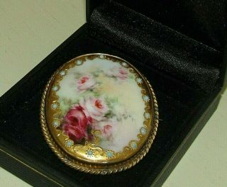Antique Victorian Porcelain Framed Floral Brooch Gold Trim/enamel Accents 2.  25 "