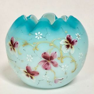 Victorian Art Glass Cased Blue Satin Glass Rose Bowl Enamel Violets Flowers