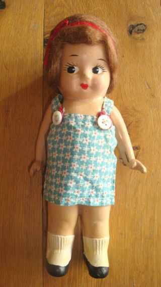 Vintage 8 " Composition Girl Doll Movable Arms Hand Painted Face Feet Mohair Wig