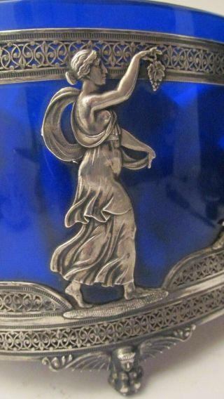 Antique 19th Century French Cobalt Blue Glass Centerpiece /silver Semi - Nude Lady