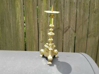 Vintage Brass Pillar Candle Holder With Spike 9 1/4 " Tall