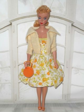 Vintage Barbie Miss Suzette Floral Button Dress 1962 1963 Pak Off White Cardigan