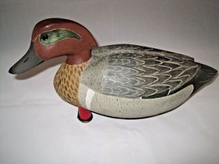 Vintage F.  C.  Green Winged Teal Drake Wooden Duck Decoy Paint