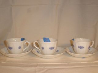 Adderley Chelsea Blue Grapes 3 Flat Cups & 3 Saucers Vintage Antique Euc 5