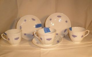 Adderley Chelsea Blue Grapes 3 Flat Cups & 3 Saucers Vintage Antique EUC 5 2