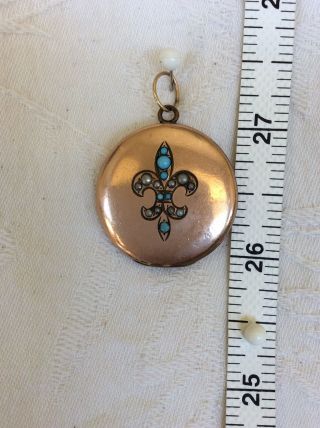 Antique Gold Filled Fleur De Lis Locket Pendant W/ Turquoise & Seed Pearls