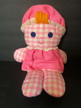 Vintage Fisher Price Lolly Dolly 1975 Rattle Doll Pink White Gingham Plaid 420