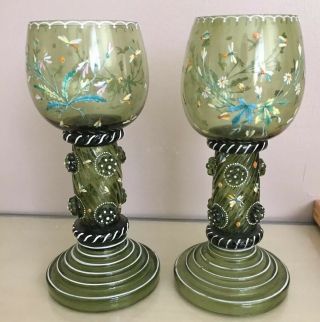 Antique Pair Bohemian Art Glass Hand Enameled Goblets Moser ???